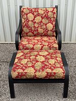 Frontal view of lounge chair and ottoman showing cushions and frame