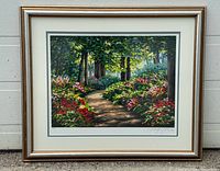 Framed lithograph front view showing artwork, matting and frame