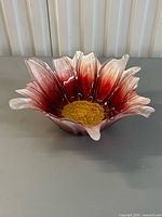 Top view of Akcam pink opalescent glass floral bowl