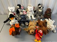Group shot of 12 TY Beanie Baby plush toys laid out on tabletop
