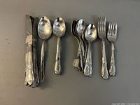 Group shot of all 30 pieces of flatware sorted by type