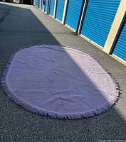 Full view of purple oval rug laid flat showing fringe and overall size