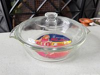 Casserole dish with lid assembled, label visible