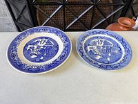 Both Blue Willow dinner plates front view