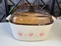 Front view of casserole with lid displaying pattern and overall form