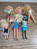 Group view of all six dolls in their outfits