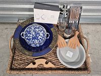 overview of lot showing tray, dishes, utensils, shaker, chopsticks, boxed item