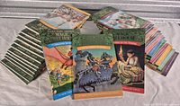 Front view showing multiple Magic Tree House paperback stacks and selected upright volumes