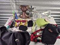 All items laid out: harness cover, Reddy harness, EEEks cat toys, wand toy, litter scoop, spray bottle