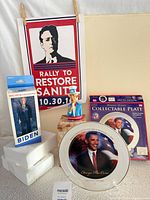 Group shot of plate, boxed Biden figure, poster, Obama Uncle Sam figurine