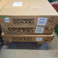 Crest Audio amplifier cartons showing model labels