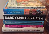 Stack of six books showing spines and titles