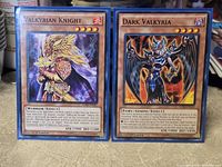 Both cards in blue sleeves, fronts visible