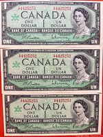 Three front-side views of 1967 Canadian $1 notes showing serial numbers and Queen portrait