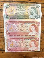 Group shot of one $20 and two $2 Bank of Canada notes