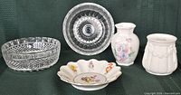 Group shot of all 5 pieces: glass bowls, vases, nut dish