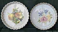 Both flan dishes top view showing patterns and fluted edges