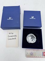 Crystal seashell in presentation box with outer box and ruler for scale