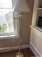 Full view of brass-plated floor lamp beside window and bookshelf