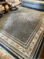 Full view of wool rug showing border, central pattern, and fringe