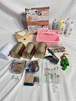 Full lot overview showing terrazzo kit, dyes, mailboxes, vials, tools and supplies