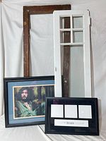 All four items: framed art, photo frame, brown window frame, white sash