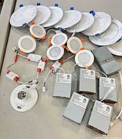 Group view of downlight trims, drivers, modules and plate