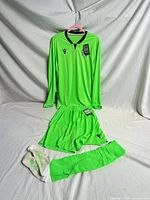 Full goalkeeper kit laid out: jersey, shorts, socks