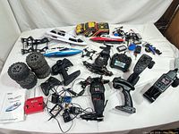 overview of RC boats, car chassis, transmitters, tires, chargers