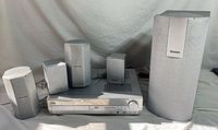 Front view of receiver, four satellites, and subwoofer