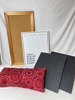 All five items together: two canvases, cork board, weekly planner, pillow
