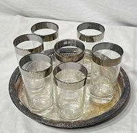 Top view of tray holding all seven silver-banded tumblers