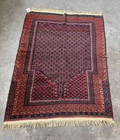 Full view of front side of Afghan Baluch prayer rug showing pattern and fringe
