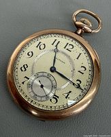 Front view of pocket watch showing dial, hands and case