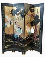 Front view of four-panel screen showing gold background, cranes, tree