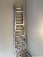 Full view of aluminum extension ladder leaning against wall