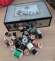 Keepsake box with mirrored sides and group of vintage thread spools