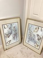 Both framed butterfly prints leaning against wall