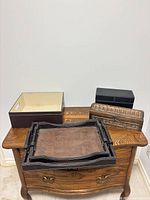 Overall view of all trays and boxes on table
