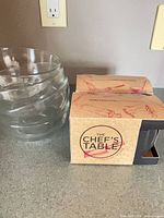 Glass bowl and boxed Chef’s Table stemless glasses