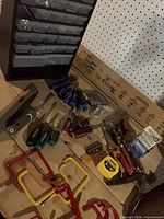 Overall lot with organizer, screwdrivers, wrenches, snips, tape, clamp