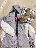 Grey and white ZeroXposur hooded winter jacket with two scarves