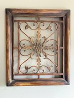 Full view of rectangular metal wall art showing overall design