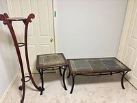 Coffee table, one side table, plant stand showing size and matching design