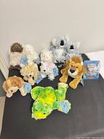 Group shot of all eleven Webkinz showing tags and variety of animals