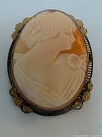 Front view of carved shell cameo in filigree frame
