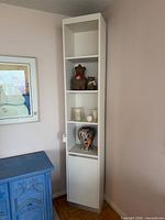Full view of one tall white bookcase cupboard