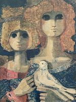 Full view of lithograph showing two women and dove