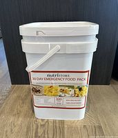 Front view of sealed Nutristore emergency food bucket