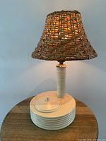Full view of lamp lit showing shade and base